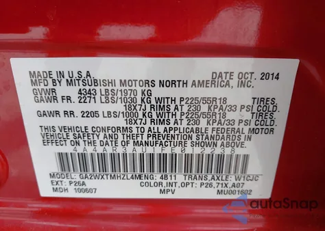 2015 Mitsubishi Outlander Sport Es из США, поврежденный, VIN 4A4AR3AU1FE012238